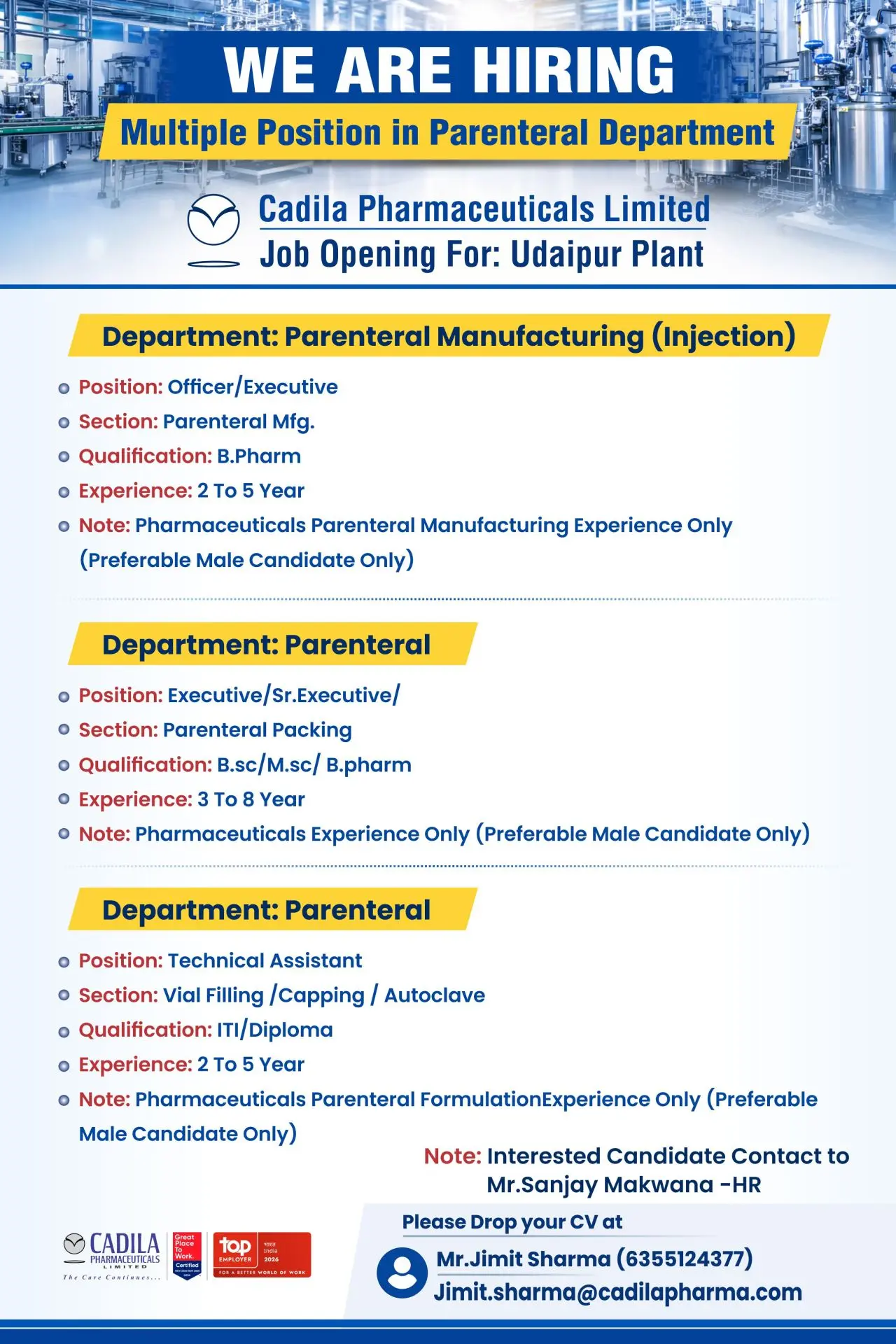 Cadila Hiring Injectable Manufacturing & Packing 3 Cadila Hiring Injectable Manufacturing & Packing