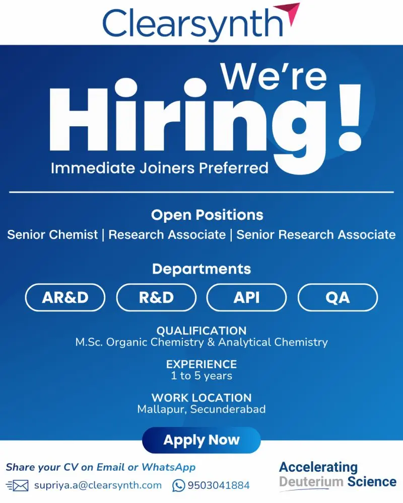 Clearsynth Hiring Research Associate & Senior Chemist 3 Clearsynth Hiring Research Associate & Senior Chemist