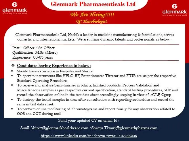 Glenmark Hiring QC Microbiologist 3 Glenmark Hiring QC Microbiologist