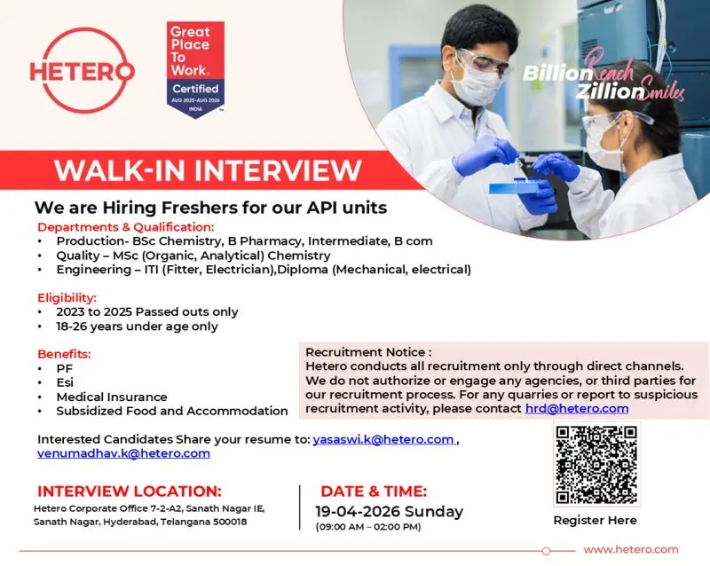 Hetero Labs Walk-In Freshers Jobs Hyderabad 3 Hetero Labs Walk-In Freshers Jobs Hyderabad