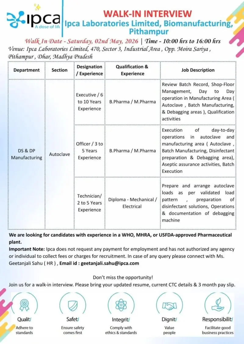 Ipca walk-in Executive Manufacturing, Officer Autoclave, Technician 3 Ipca walk-in Executive Manufacturing, Officer Autoclave, Technician