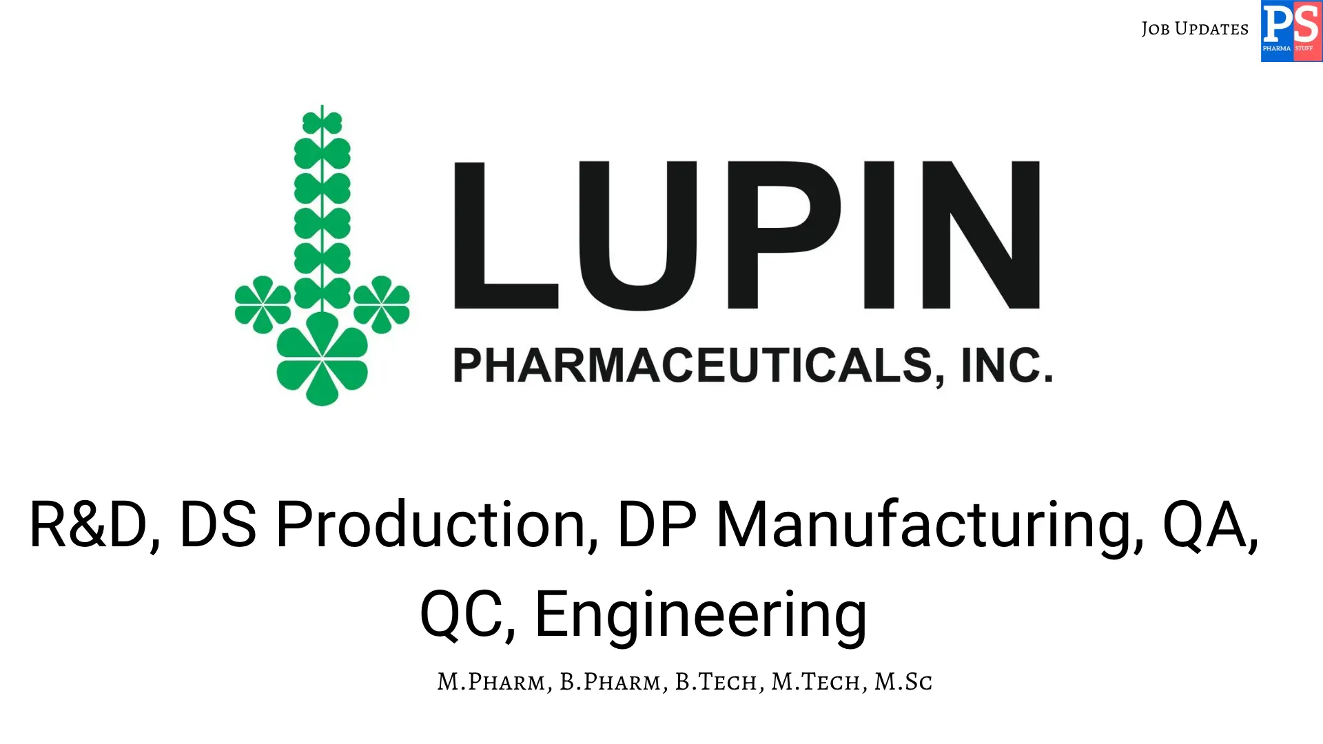Pharma Biotech Job search & Career 6 Lupin Walk In RD Manufacturing QAQC