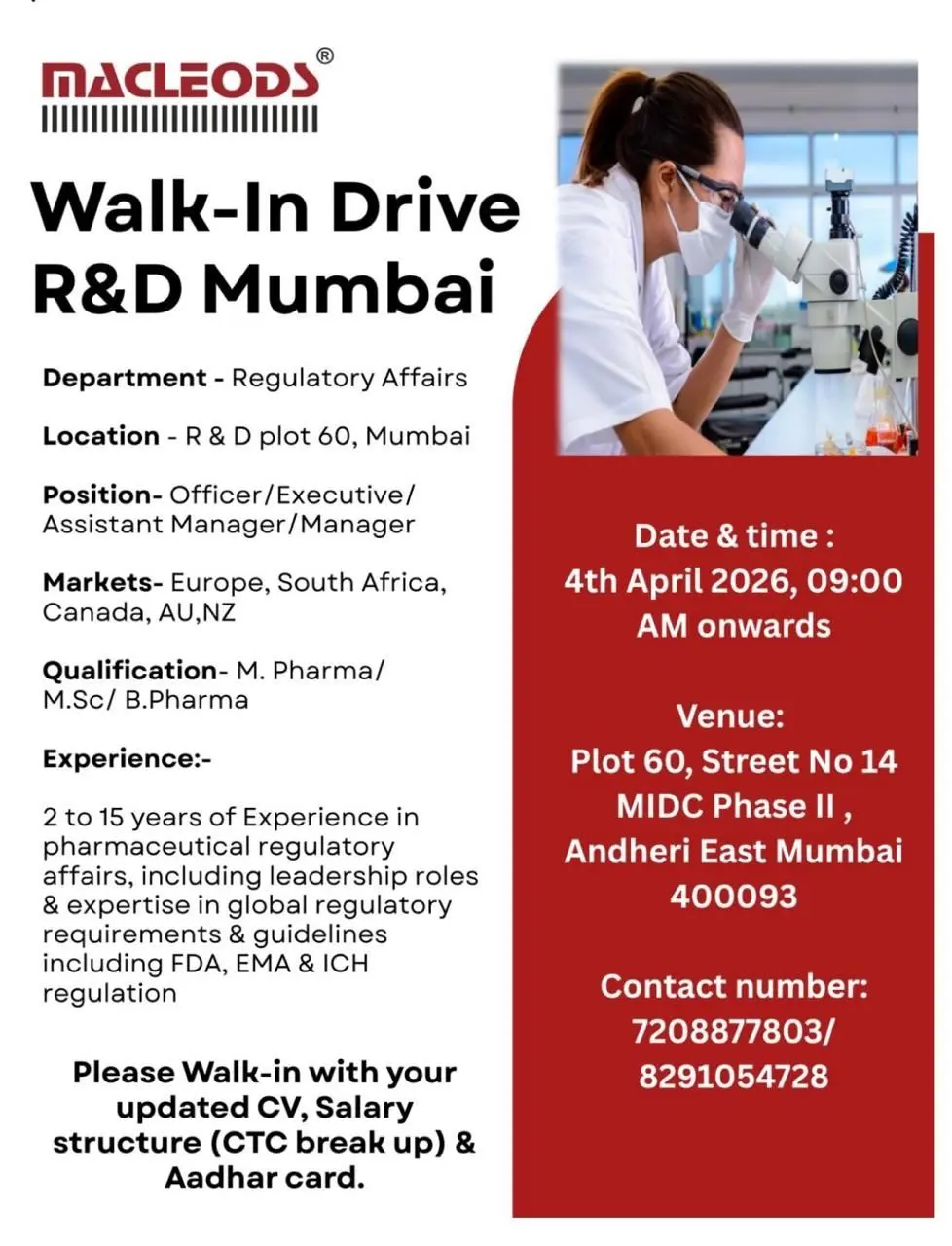 Macleods Walk-In Regulatory Affairs & R&D 4 Macleods Walk-In Regulatory Affairs & R&D