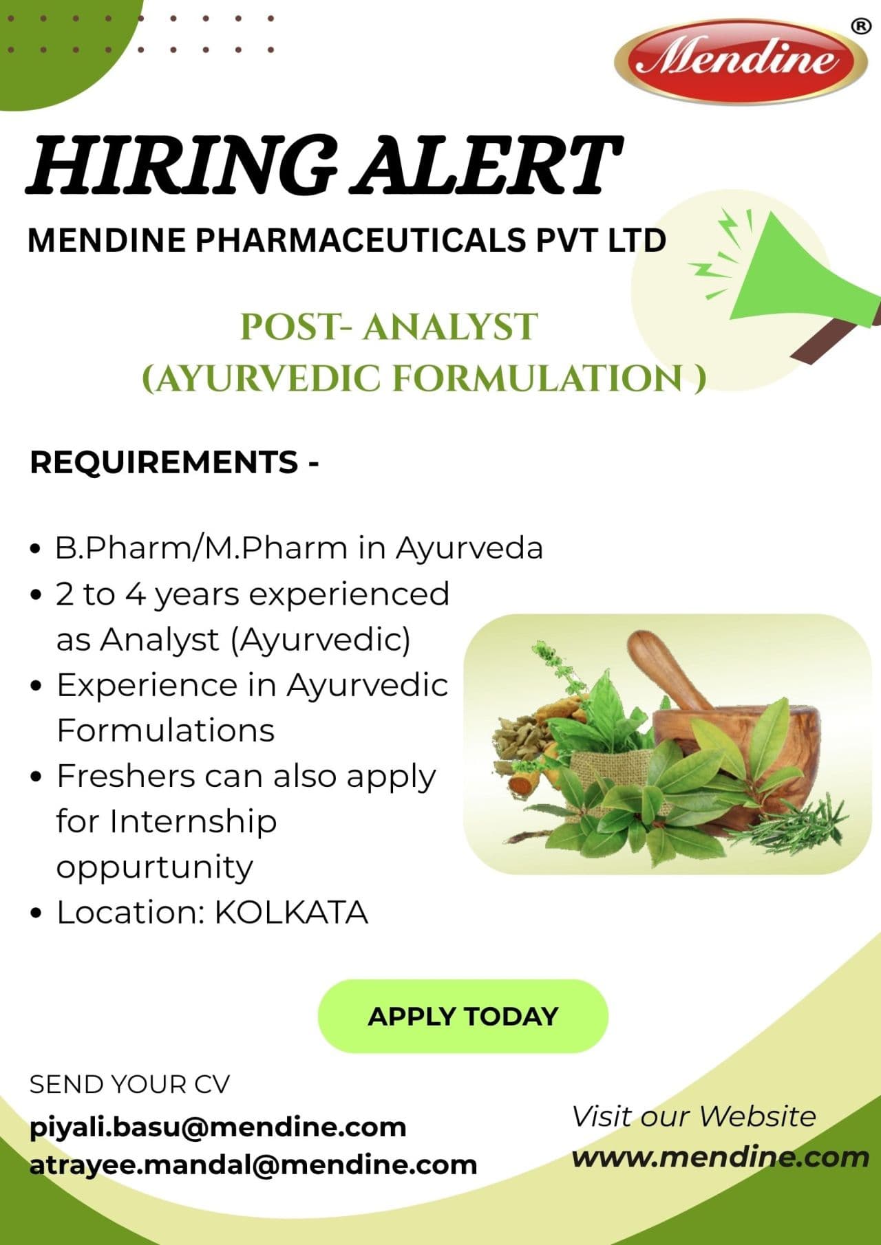 Mendine Hiring Analyst (Ayurvedic Formulations), Internship 3 Mendine Hiring Analyst (Ayurvedic Formulations), Internship