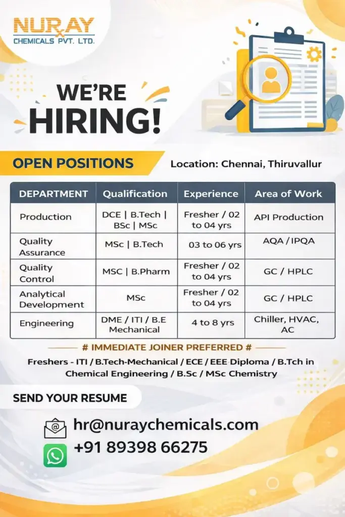 Nuray Chemicals Hiring QA, QC, Production.