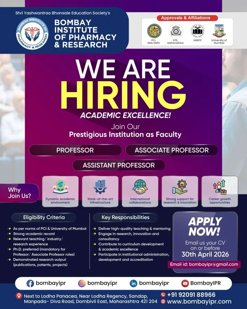 Bombay Institute of Pharmacy Hiring Faculty | Professor, Associate & Assistant Professor 3 Pharmacy Faculty Jobs Apply BIPR Hiring