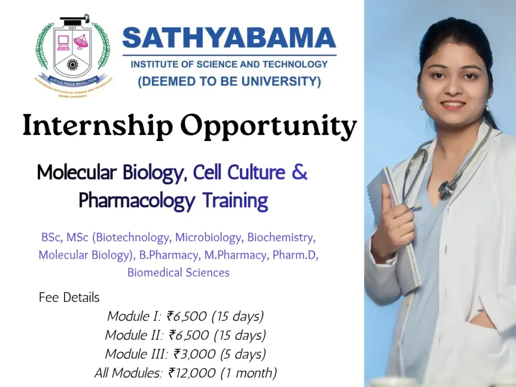 Sathyabama Internship 2026 – Molecular Biology, Cell Culture & Pharmacology Training