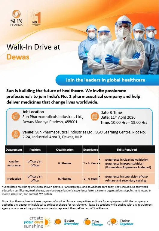 Sun Pharma Walk-In QA & Production Officer 3 sun Walk-in QA Officer, Production Officer, Sr. Officer