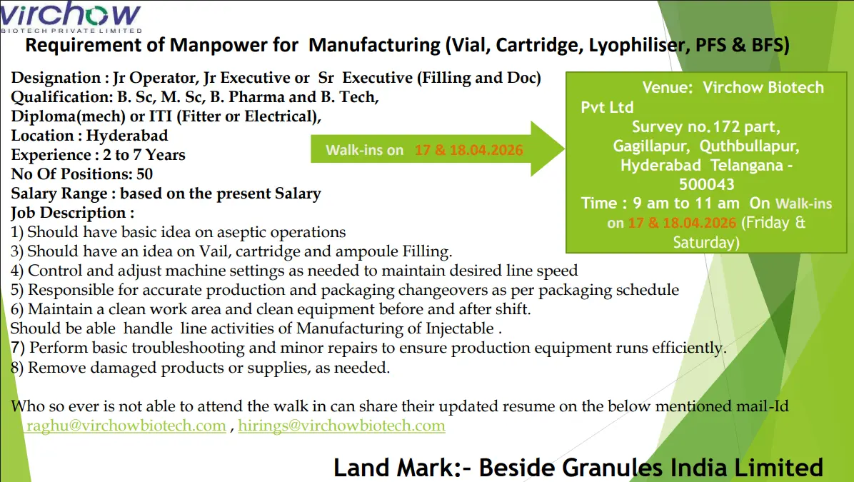 Virchow Walk-In Jr Operator, Jr Executive, Sr Executive 3 Virchow Walk-In Jr Operator, Jr Executive, Sr Executive