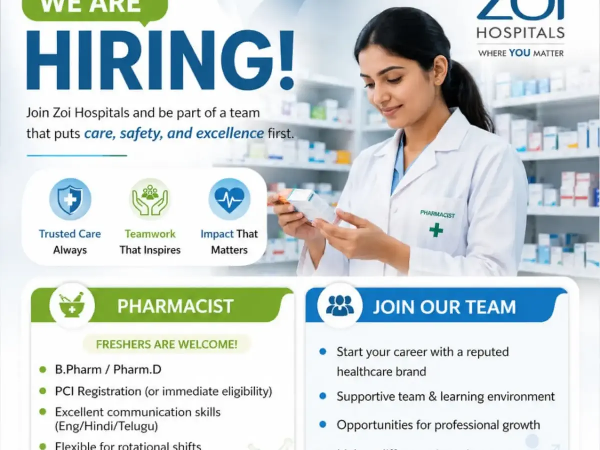 Freshers Pharmacist Hiring at Zoi Hospitals