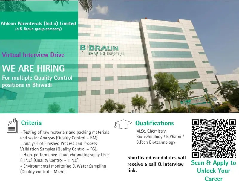 Ahlcon Parenterals Quality Control Virtual Interview Drive
