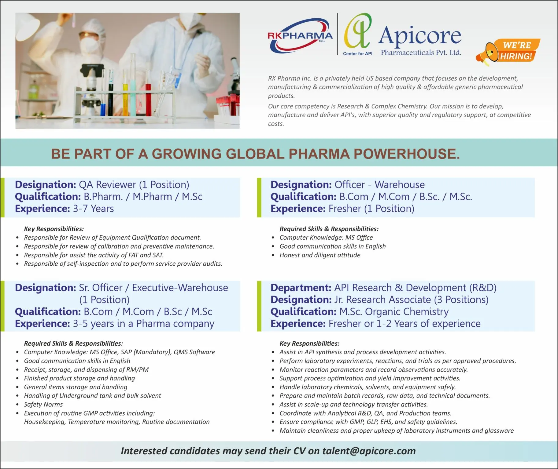 Freshers Hiring - QA, Warehouse & API R&D Jobs | Apicore Pharmaceuticals 2 Apicore Pharmaceuticals Hiring for QA, Warehouse & API R&D Jobs - Freshers