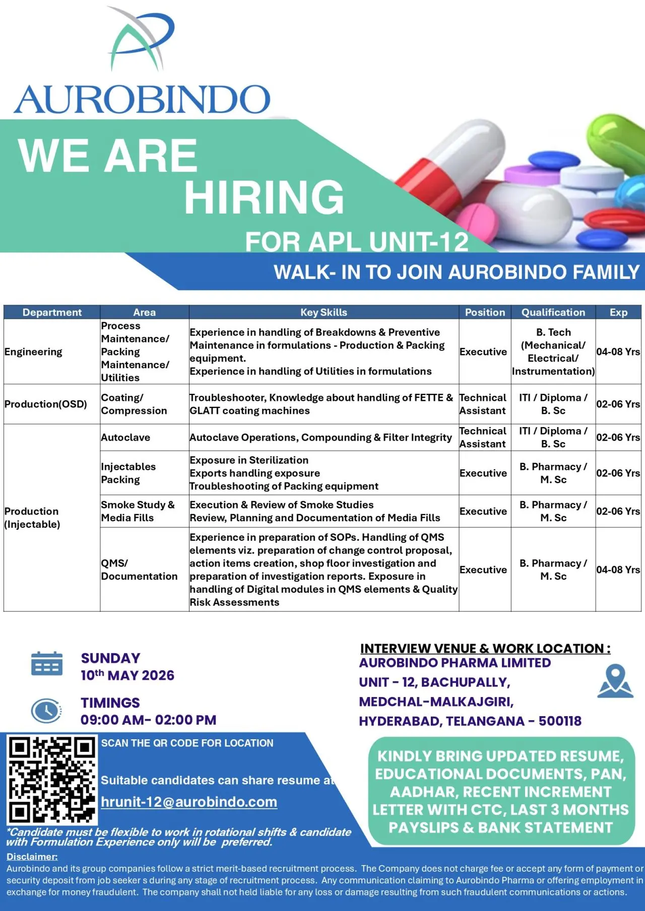 Aurobindo Walk-in Production, QA, Engineering , Technical Assistant 3 Aurobindo Walk-in Production, QA, Engineering , Technical Assistant