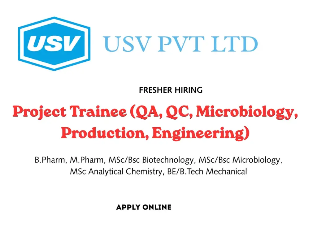 BPharm, MSc freshers apply for Project Trainee roles at USV Biologics
