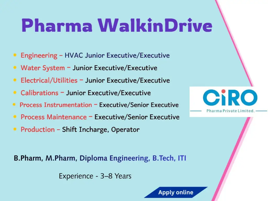 Ciro Pharma hiring for Engineering & Production roles
