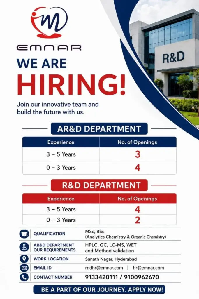 Emnar Pharma Pvt Ltd Hiring for AR&D and R&D Departments in Hyderabad