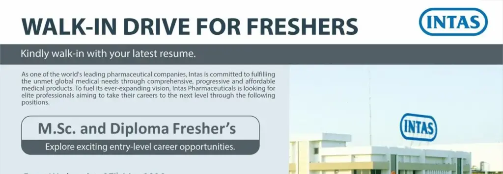 Intas Pharmaceuticals Walk-In for MSc & Diploma Freshers