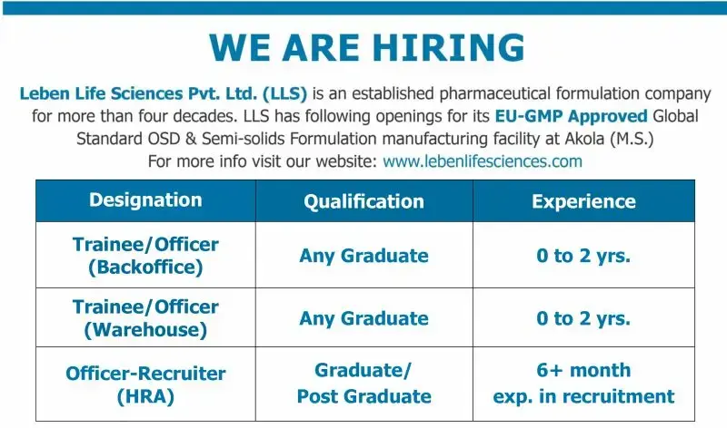 Leben Life Sciences Hiring for Backoffice, Warehouse & HRA Roles