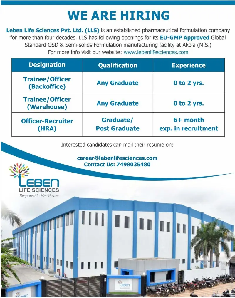 Leben Life Sciences Hiring for Backoffice, Warehouse & HRA Roles (Freshers) 3 Leben Life Sciences Hiring for Backoffice, Warehouse & HRA Roles