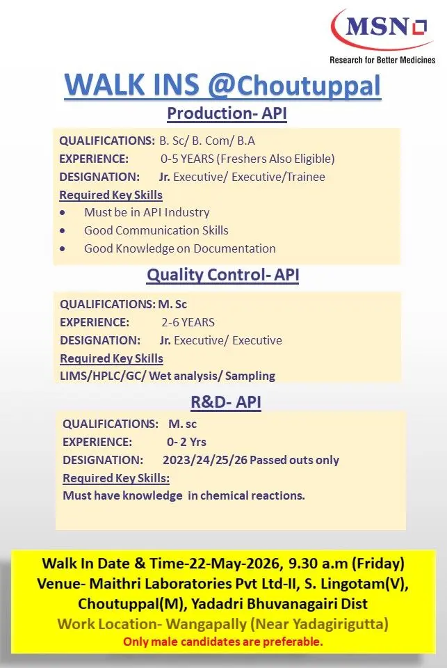 MSN Laboratories Walk In Drive for Production QC RD API Roles Freshers Eligible