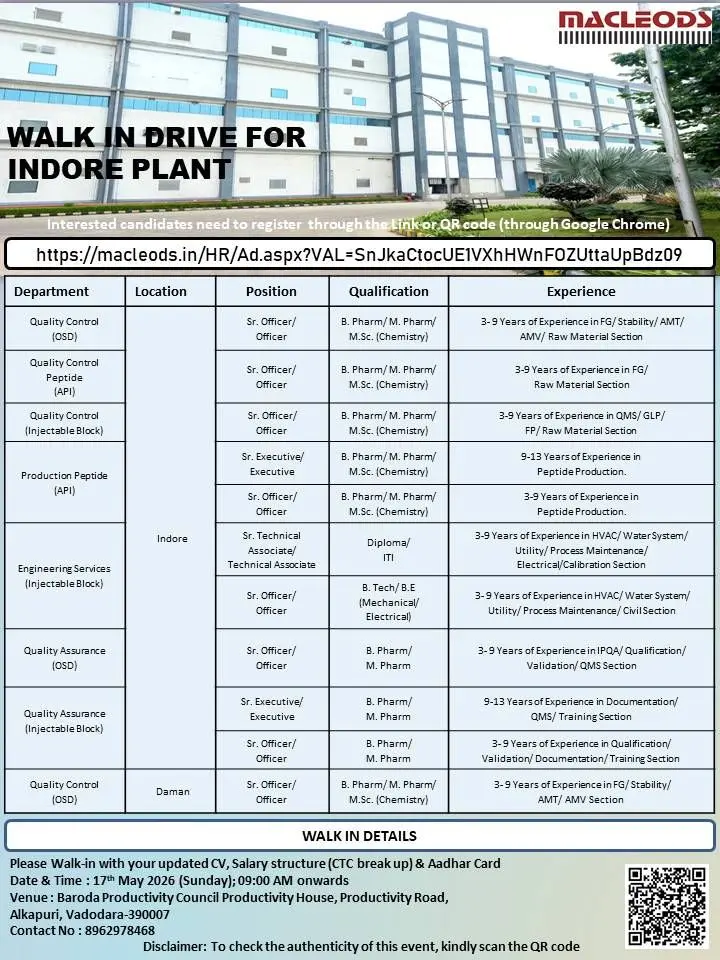 Macleods walk-in QC, QA, Production, Engineering 2 Macleods walk-in QC, QA, Production, Engineering