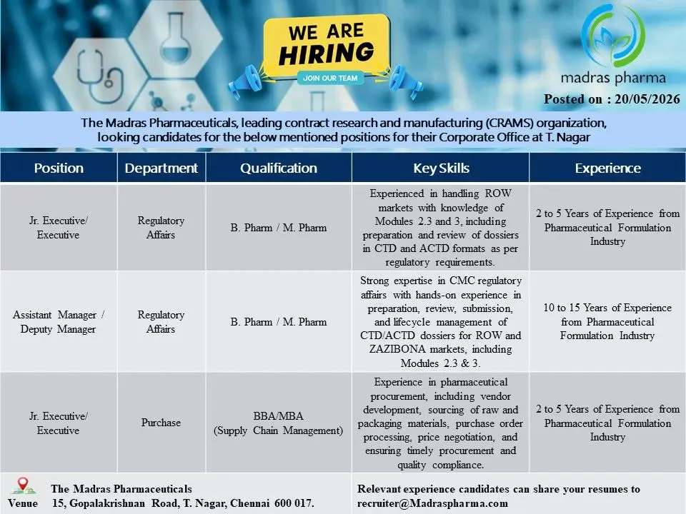 Madras Pharmaceuticals Hiring for Regulatory Affairs & Purchase Jobs 2 Madras Pharmaceuticals Hiring for Regulatory Affairs & Purchase Jobs