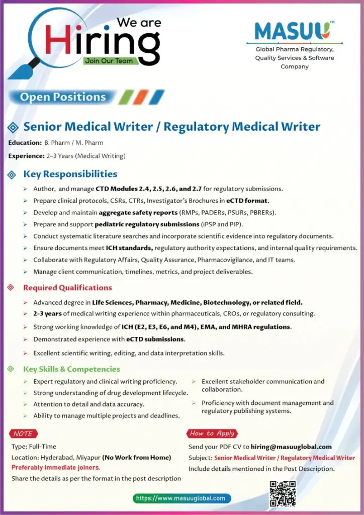 Masuu Global Hiring Senior Medical Writer in Hyderabad for Regulatory & Clinical Documentation