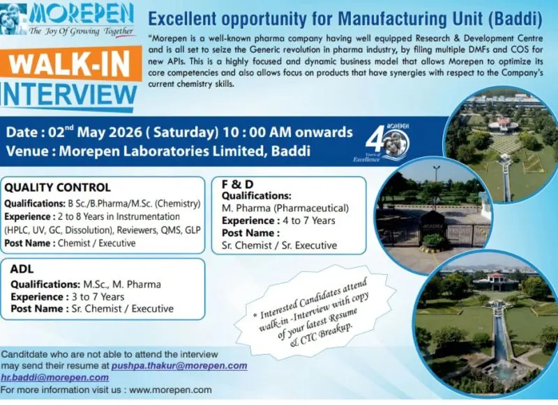 Morepen walk-in QC Chemist, F&D Executive, ADL Chemist 3 Morepen walk-in QC Chemist, F&D Executive, ADL Chemist