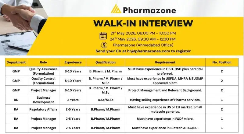 Pharmazone Walk-In QA, QC, RA & Project Manager 3 Pharmazone Walk-In QA, QC, RA & Project Manager