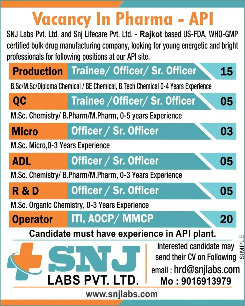 SNJ Hiring Production, QC, ADL, R&D,Microbiology