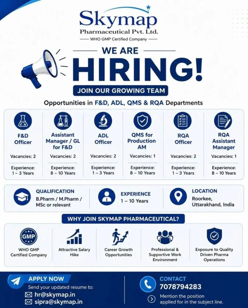 Skymap Hiring F&D, ADL, QMS and RQA departments 3 Skymap Hiring F&D, ADL, QMS and RQA departments