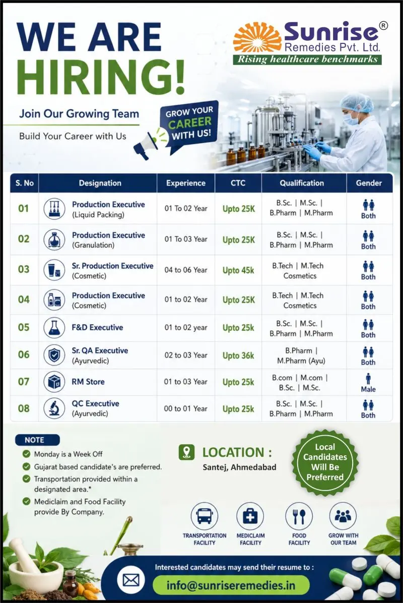 Sunrise Hiring Production, QA, QC & F&D 3 Sunrise Hiring Production, QA, QC & F&D