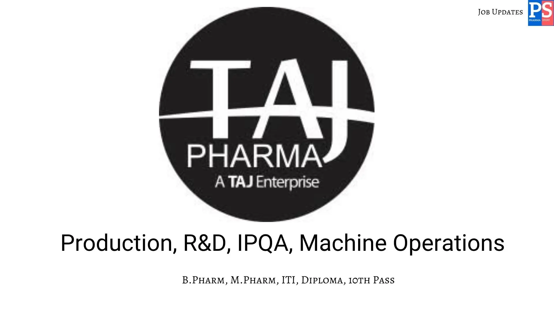 Taj Pharma Hiring Production RD and IPQA