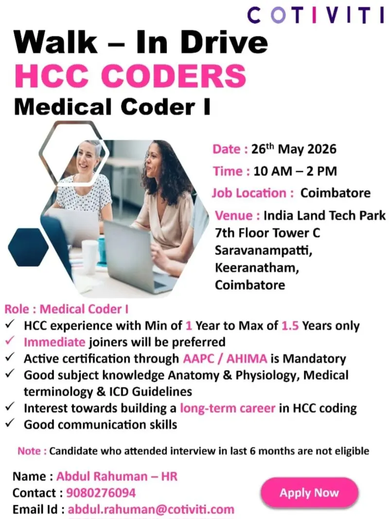 COTIVITI Mega Walk-In Drive Coimbatore for HCC Medical Coders 3 Walk-In Drive HCC Medical Coder I Cotiviti Coimbatore