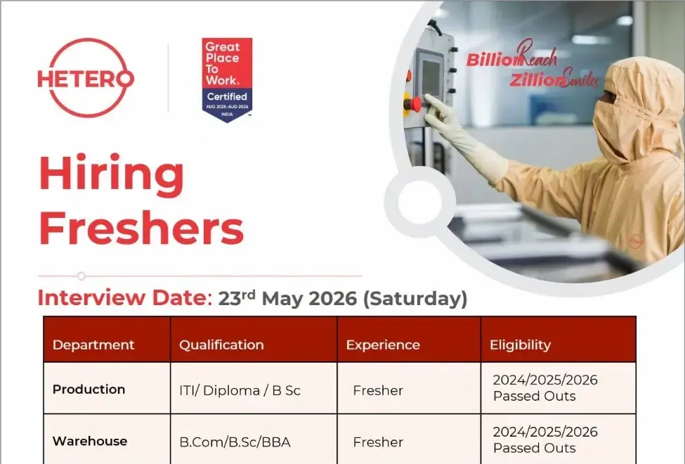 Hetero Freshers Walk-In | Production & Warehouse