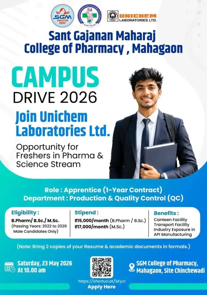 Unichem Laboratories Campus Drive for B Pharm, BSc & MSc Candidates | Production & QC Apprentice Jobs