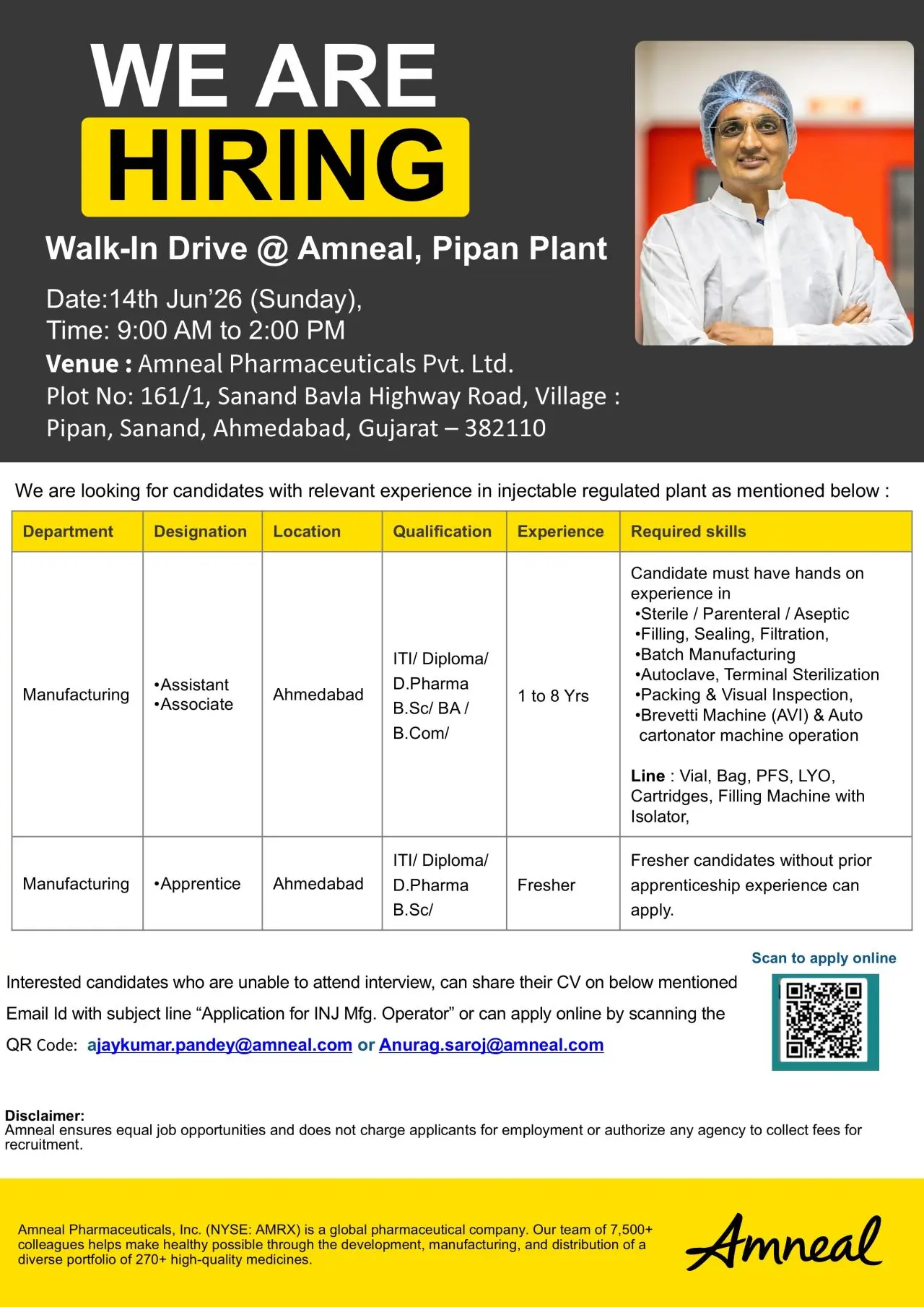 Amneal walk-in Manufacturing Associates and Apprentices 4 Amneal walk-in Manufacturing Associates and Apprentices
