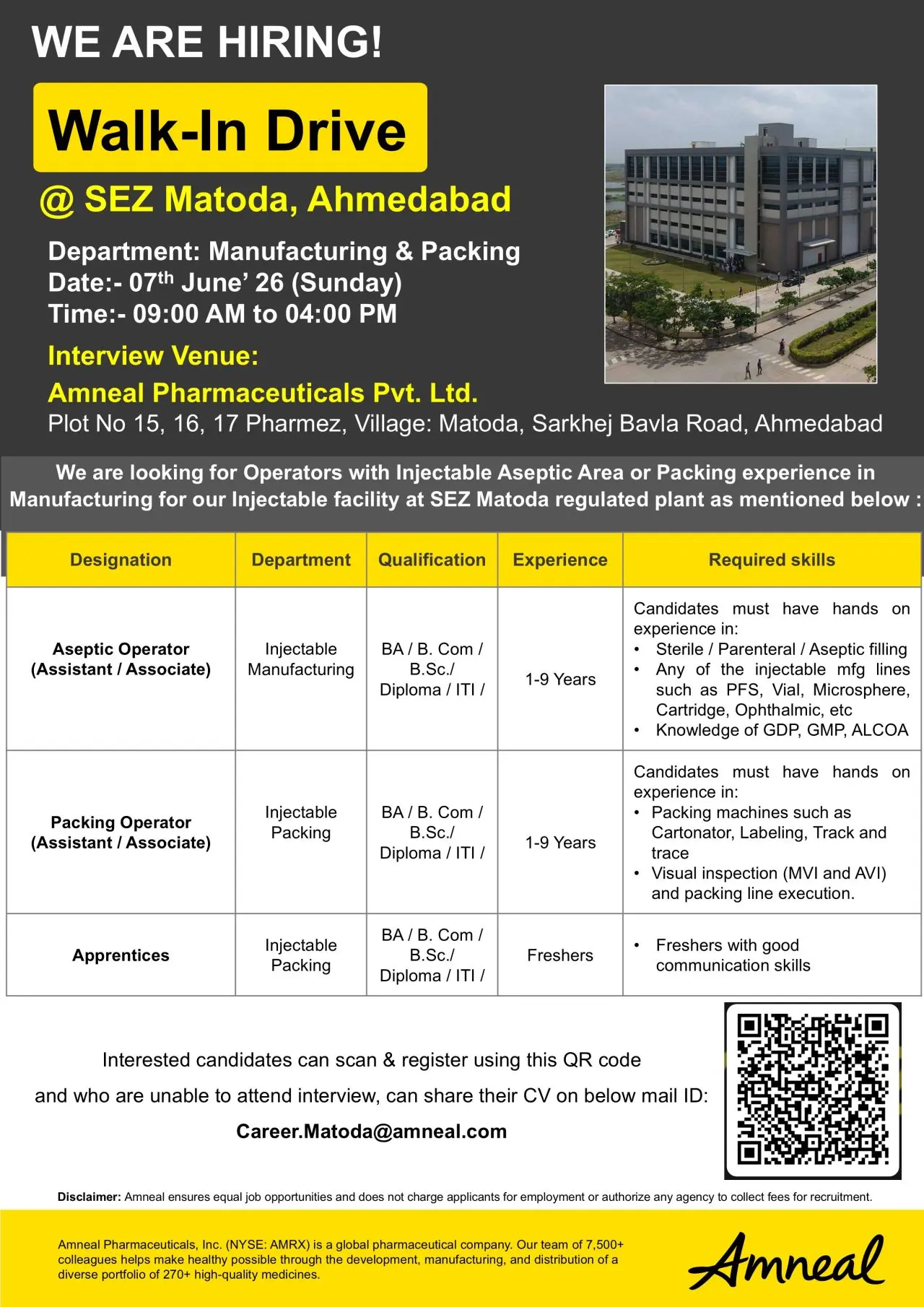 Amneal walk-in Operators & Apprentices 4 Amneal walk-in Operators & Apprentices