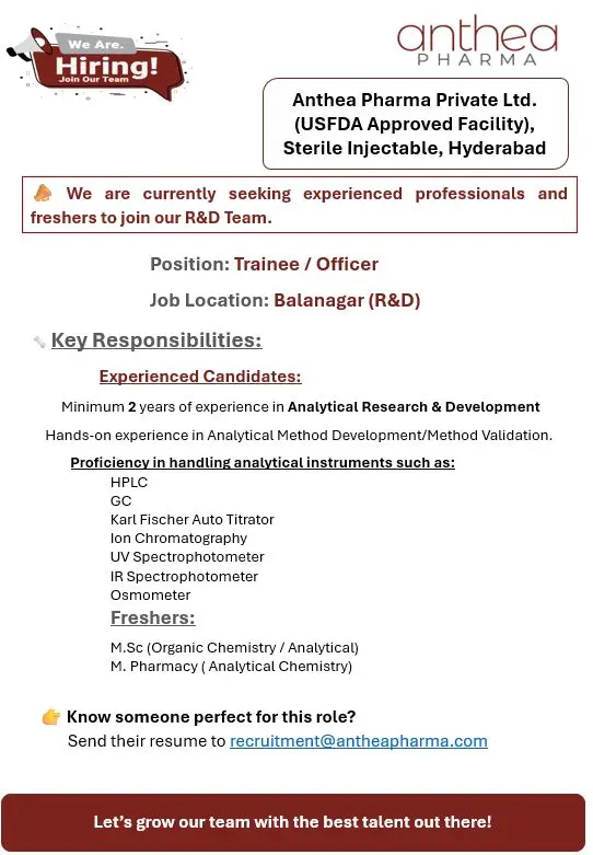 Anthea Pharma R&D Jobs for Freshers 3 Anthea Pharma R&D Jobs 2026 for Freshers