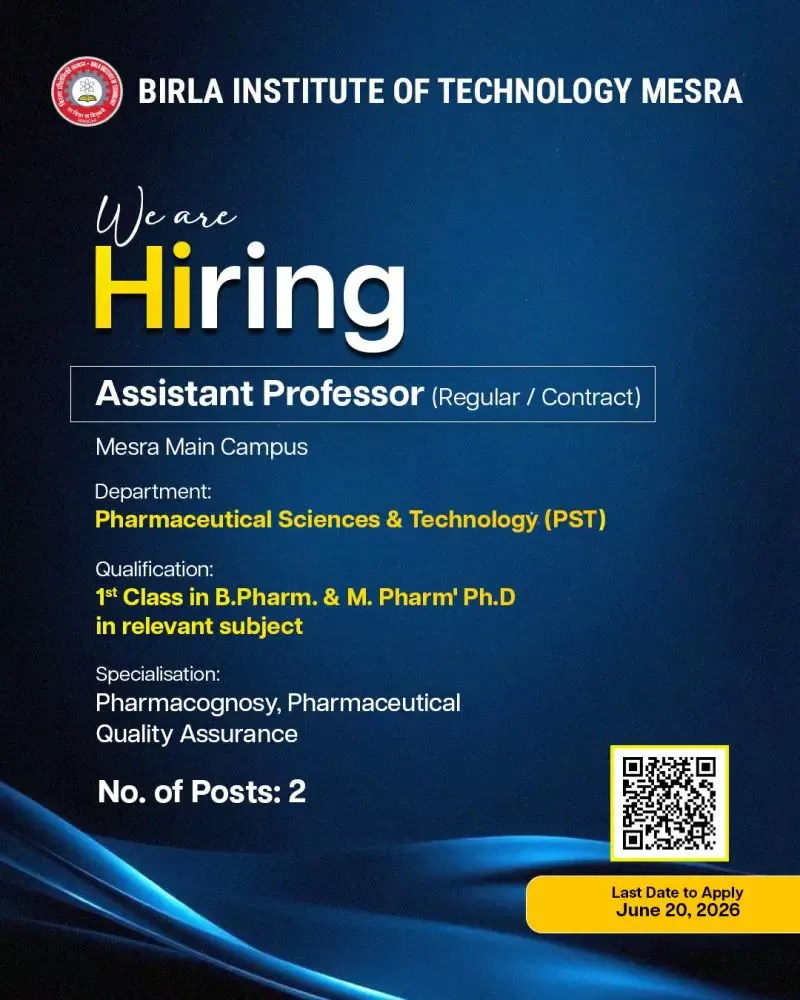 Pharma Biotech Job search & Career 19 BIT Mesra Recruitment Assistant Professor – Pharmaceutical Sciences