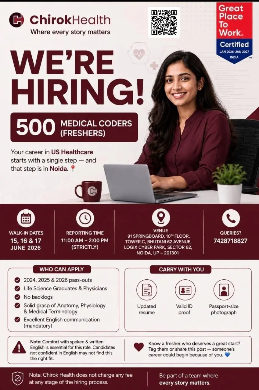 ChirokHealth Medical Coder Jobs | 500 Freshers Hiring 3 ChirokHealth Medical Coder Jobs 2026 | 500 Freshers Hiring