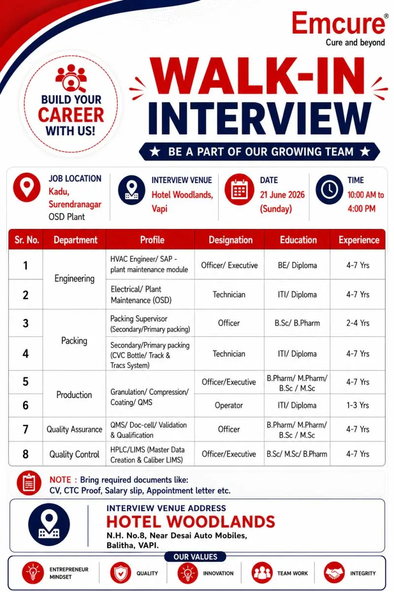 Emcure Walk-In Production, QA, QC, Packing & Engineering Jobs 2 Emcure Walk-In Production, QA, QC, Packing & Engineering Jobs