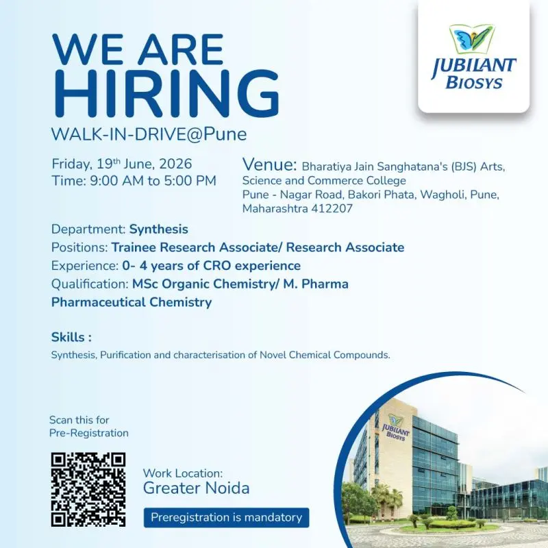 Exciting Jubilant Biosys Walk-In Drive 2026 | Research Associate Jobs for M.Pharm & MSc 3 Exciting Jubilant Biosys RA Jobs - M.Pharm MSc