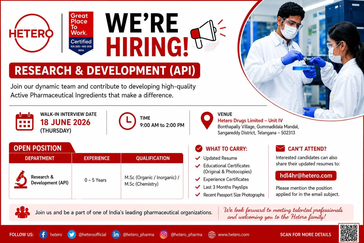 Hetero Drugs Walk-In R&D (API) Jobs, Freshers OK 3 Hetero Drugs Walk-In R&D (API) Jobs, Freshers OK