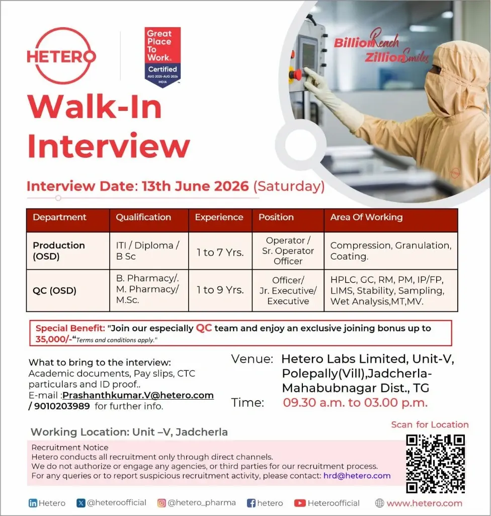 Hetero Hiring QC & Production Staff | Bonus Up to ₹35K 3 Hetero Labs Walk-In Drive - QC & Production Jobs