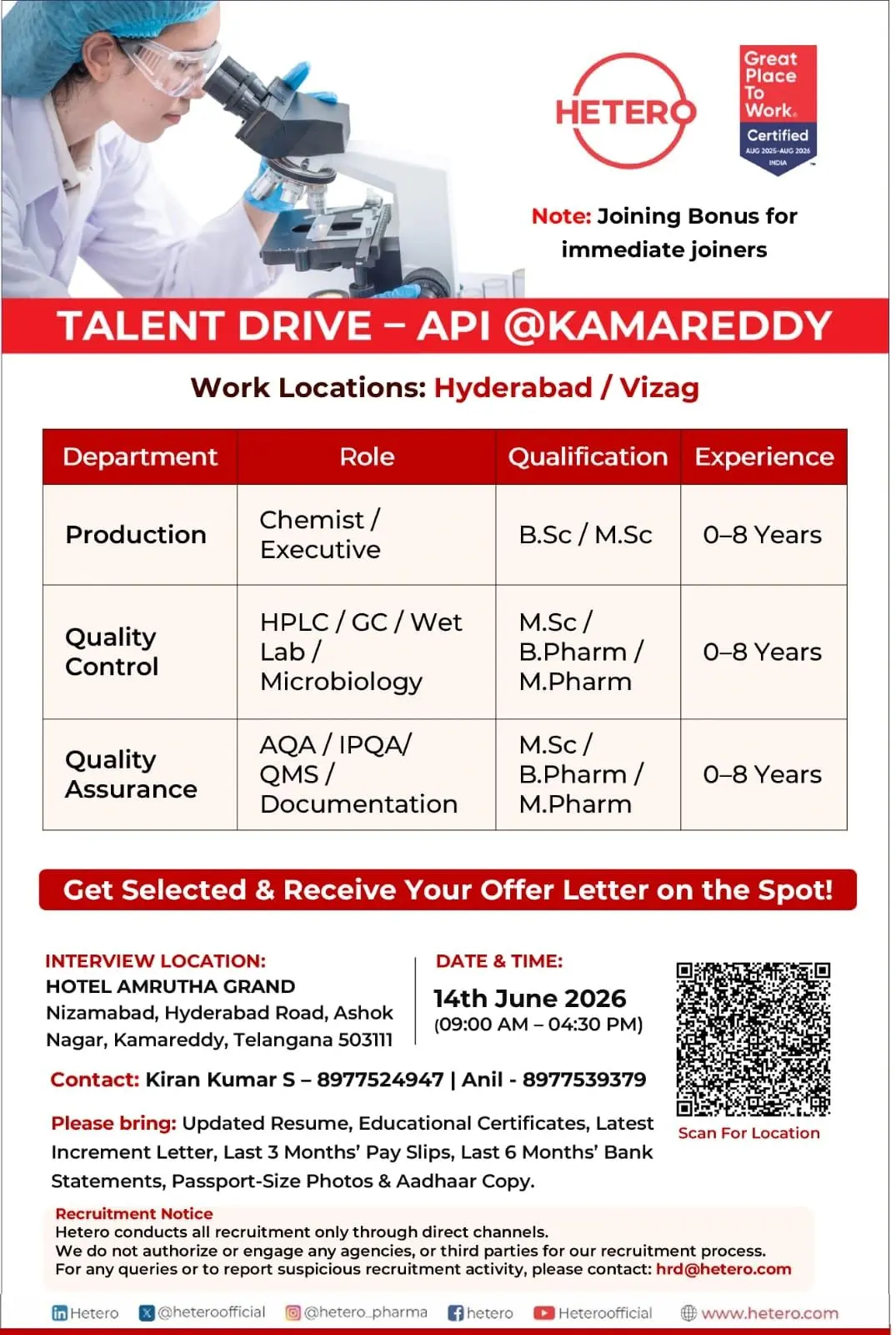 Hetero Walk-In Production, QA, QC, Engineering, EHS and TSD 4 Hetero Walk-In Production, QA, QC, Engineering, EHS and TSD