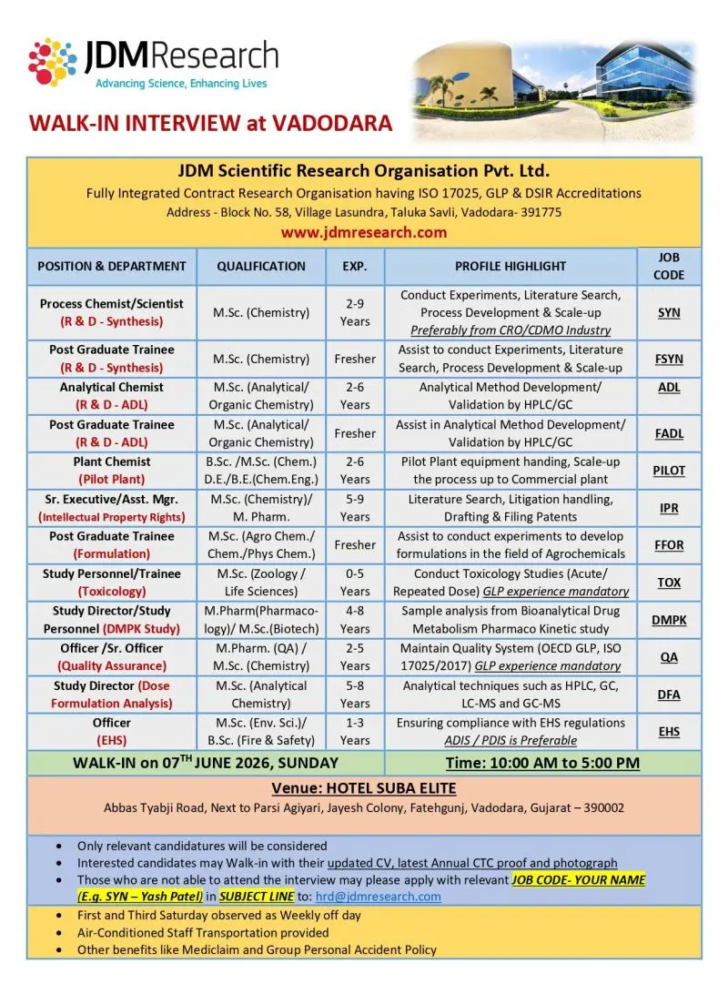 JDM Walk-In Freshers & Scientists 3 JDM Walk-In Freshers & Scientists