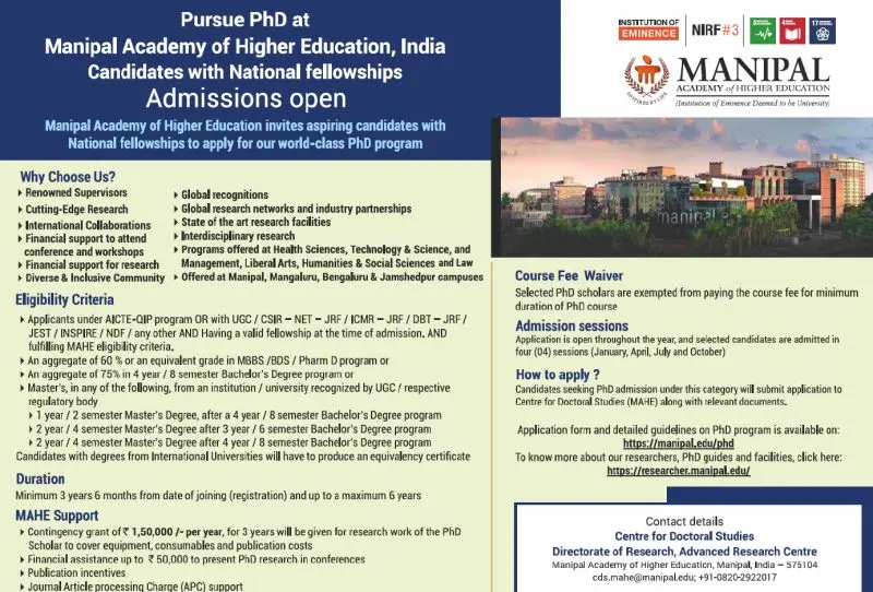 MAHE PhD Admissions 2026 | Fellowships & Scholarships 3 Manipal Bengaluru Mangaluru and Jamshedpur