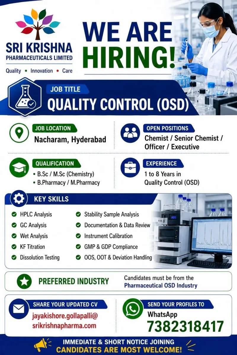 Sri Krishna Hiring Chemist, Sr Chemist, Officer & Executive 3 Sri Krishna Hiring Chemist, Sr Chemist, Officer & Executive