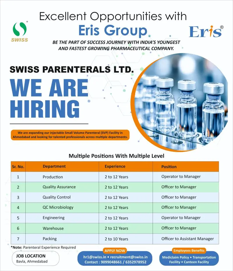 Swiss Hiring QA QC Production 3 Swiss Parenterals Hiring QA QC Production